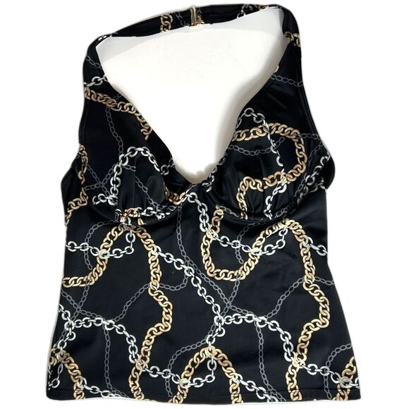 Victoria's Secret Black Silver Gold Chain Print Pushup Halter Tankini Sz 36B - Picture 2 of 12